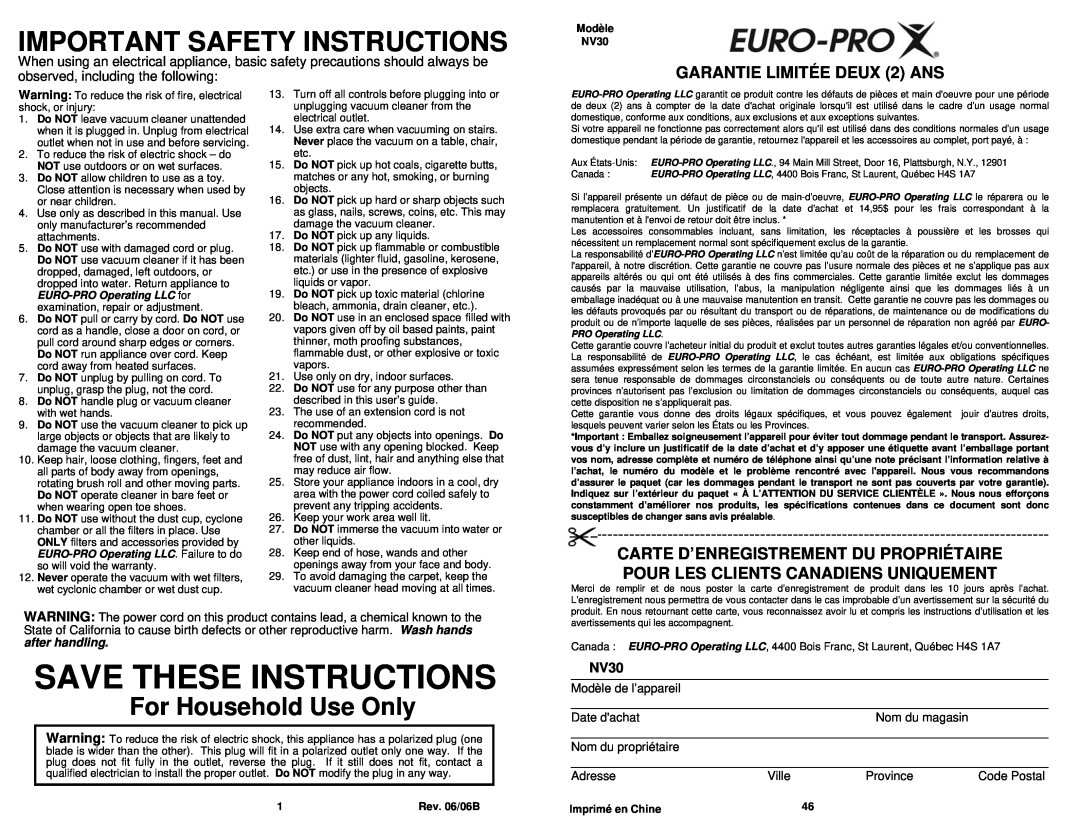 Euro-Pro NV30 Important Safety Instructions, GARANTIE LIMITÉE DEUX 2 ANS, Save These Instructions, For Household Use Only 
