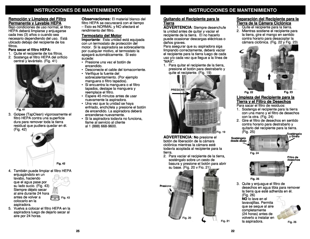 Euro-Pro NV30 owner manual Instrucciones De Mantenimiento, Remoción y Limpieza del Filtro Permanente y Lavable HEPA 