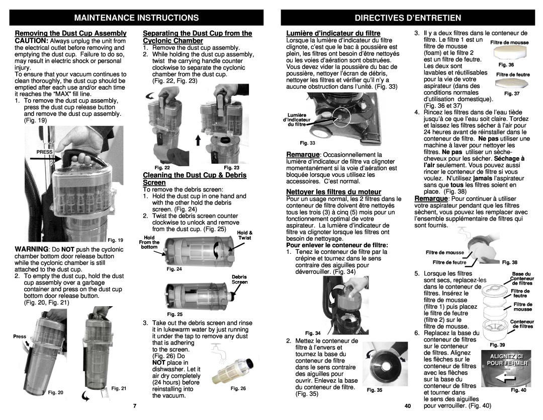 Euro-Pro NV30 Maintenance Instructions, Separating the Dust Cup from the Cyclonic Chamber, Lumière d’indicateur du filtre 