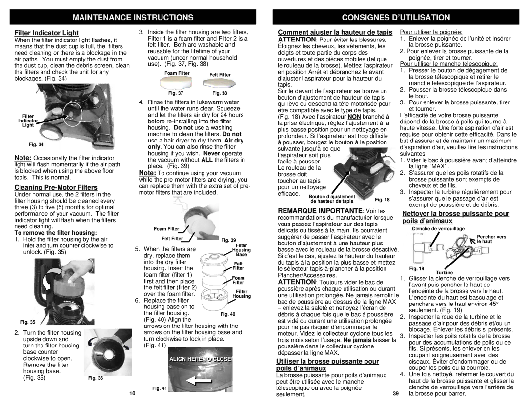 Euro-Pro NV31 Maintenance Instructions Consignes D’UTILISATION, Filter Indicator Light, Cleaning Pre-Motor Filters 