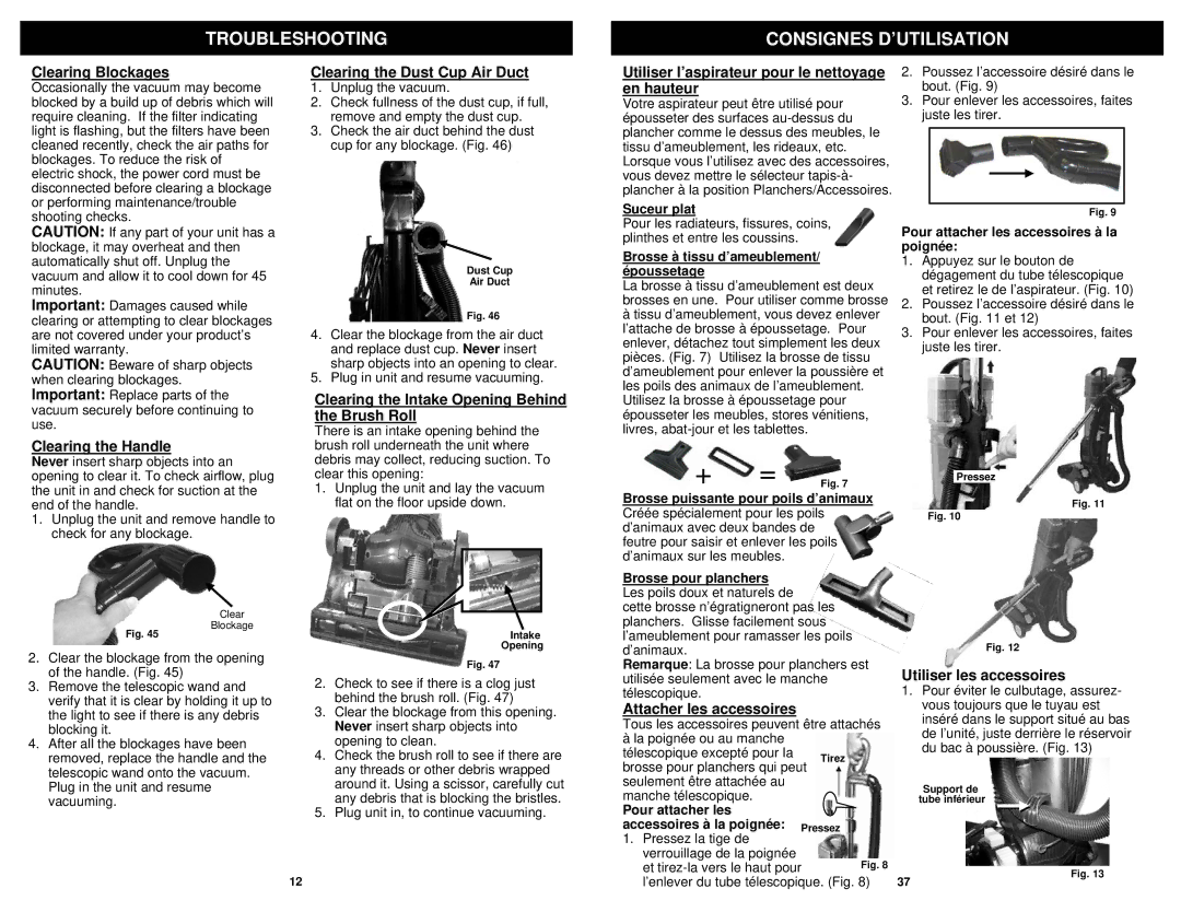 Euro-Pro NV31 owner manual Troubleshooting Consignes D’UTILISATION 