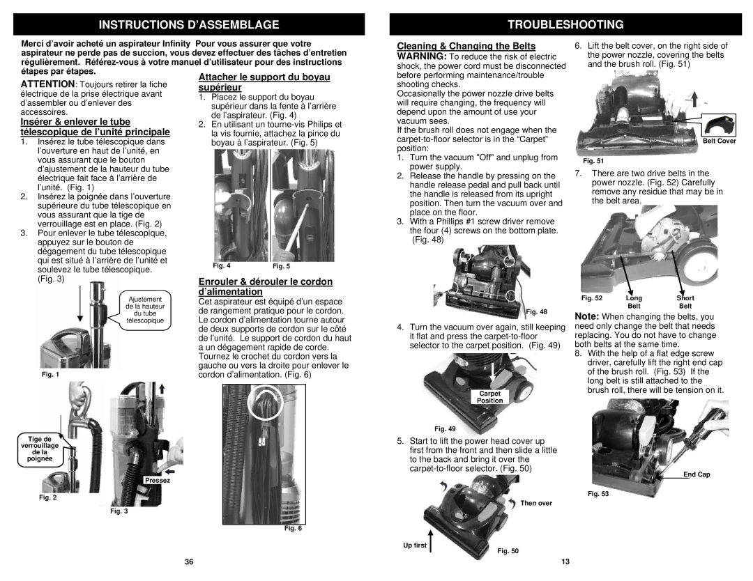 Euro-Pro NV31 owner manual Instructions D’ASSEMBLAGE Troubleshooting, Enrouler & dérouler le cordon d’alimentation 