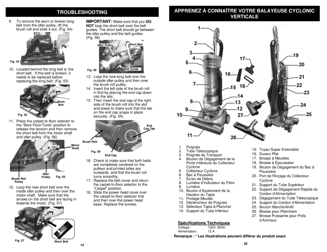 Euro-Pro NV31 owner manual Spécifications Techniques 