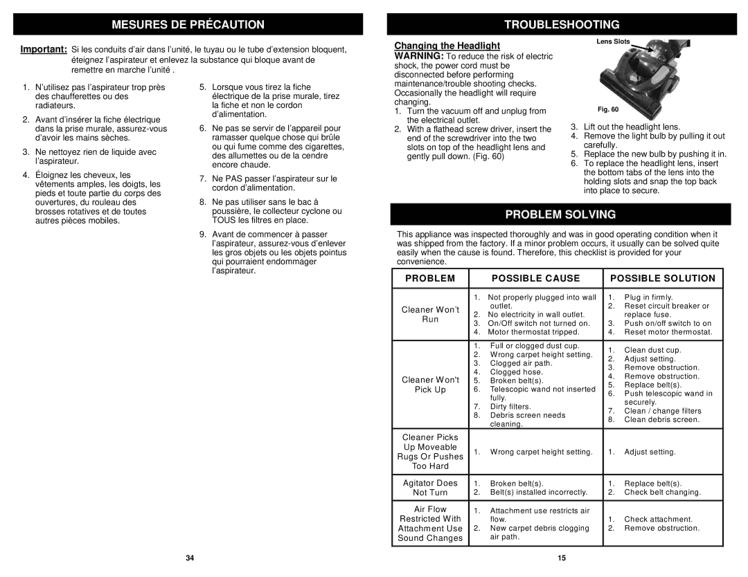 Euro-Pro NV31 owner manual Mesures DE Précaution Troubleshooting, Problem Solving 