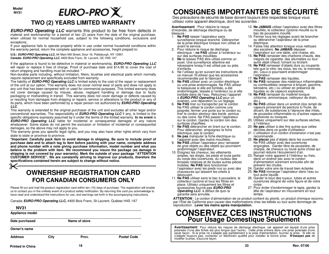 Euro-Pro NV31 owner manual Conservez CES Instructions 