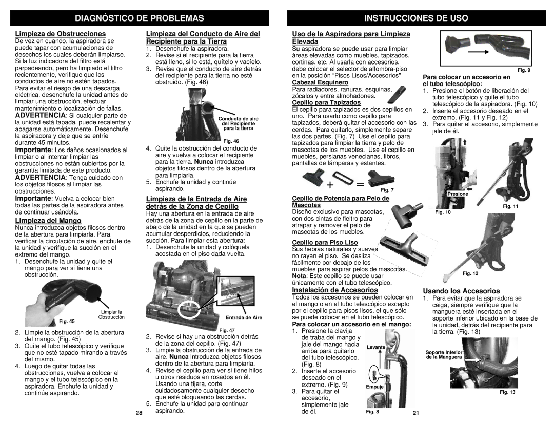 Euro-Pro NV31 owner manual Diagnóstico DE Problemas Instrucciones DE USO 