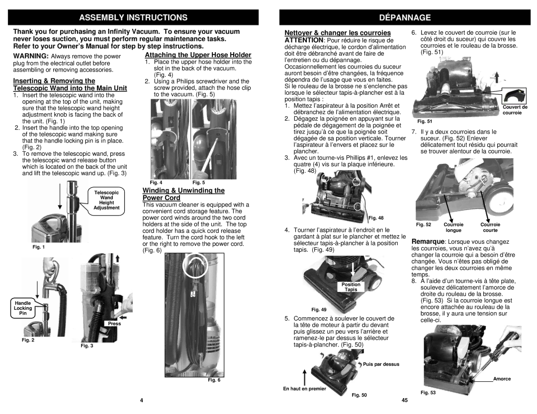 Euro-Pro NV31 owner manual Assembly Instructions Dépannage, Inserting & Removing the Telescopic Wand into the Main Unit 