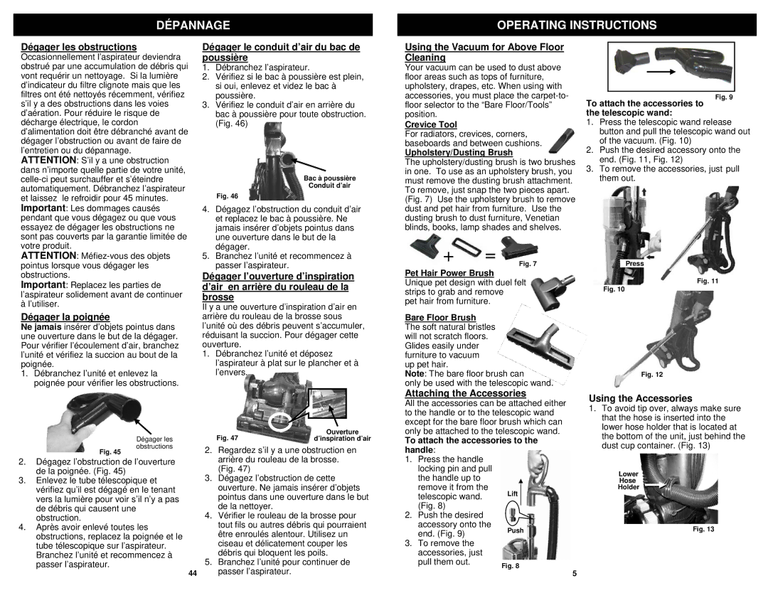 Euro-Pro NV31 owner manual Dépannage Operating Instructions 