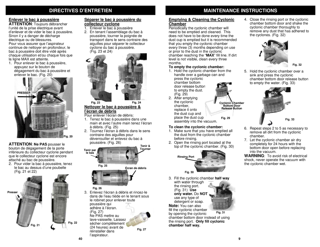 Euro-Pro NV31 owner manual Séparer le bac à poussière du collecteur cyclone, Emptying & Cleaning the Cyclonic Chamber 