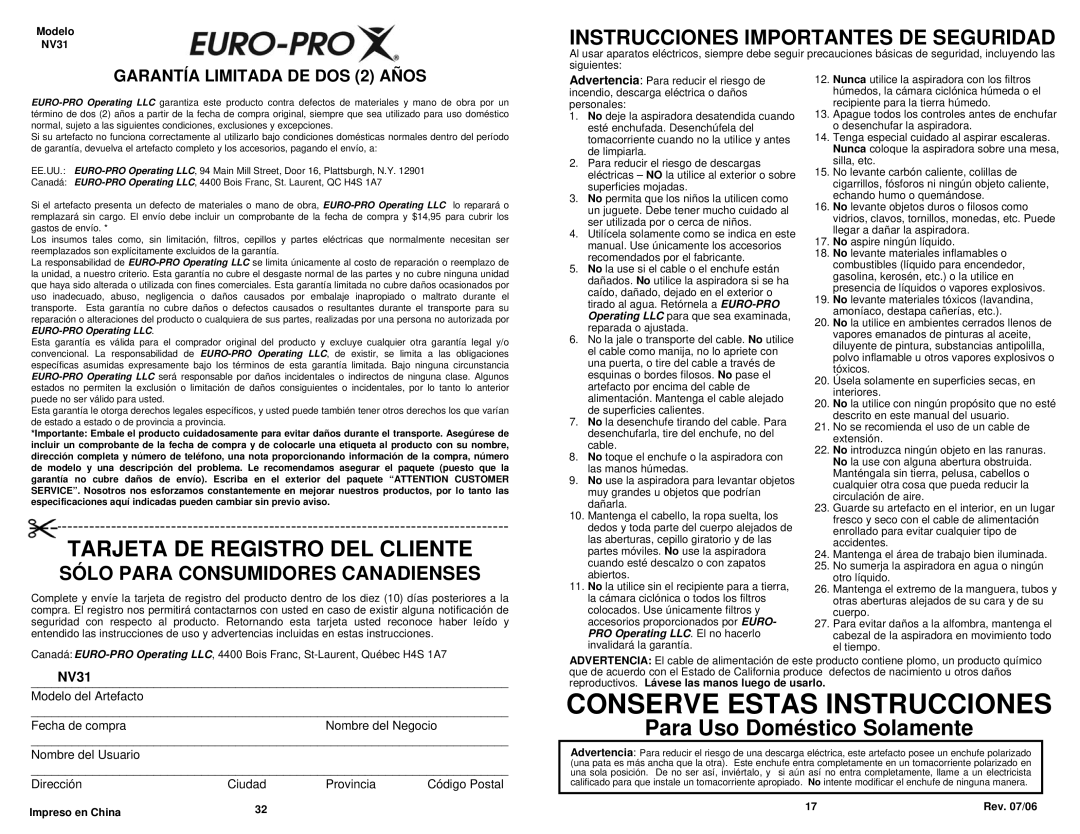 Euro-Pro NV31 owner manual Conserve Estas Instrucciones 