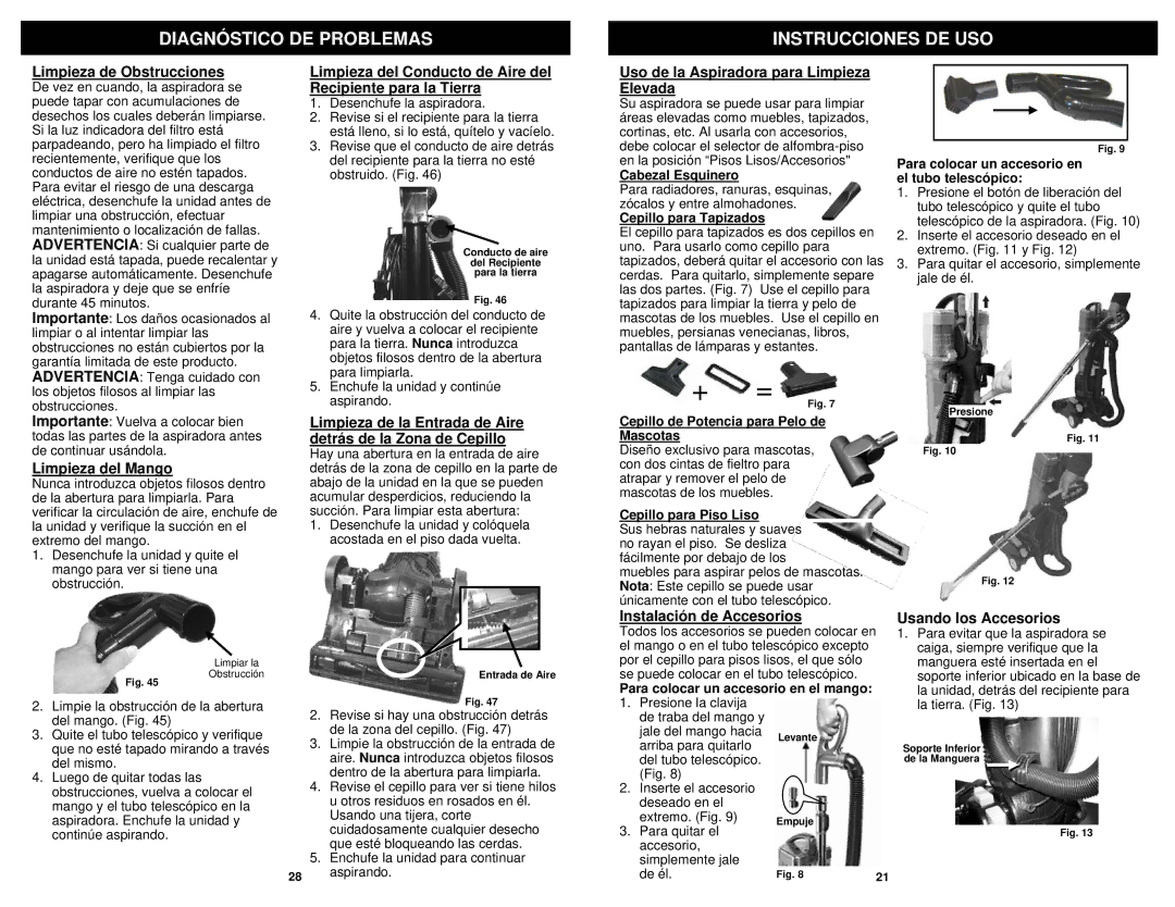 Euro-Pro NV31 owner manual Diagnóstico DE Problemas Instrucciones DE USO 