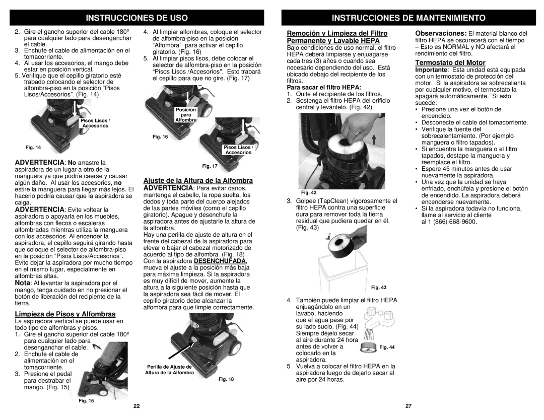 Euro-Pro NV31 Instrucciones DE USO Instrucciones DE Mantenimiento, Termostato del Motor, Limpieza de Pisos y Alfombras 