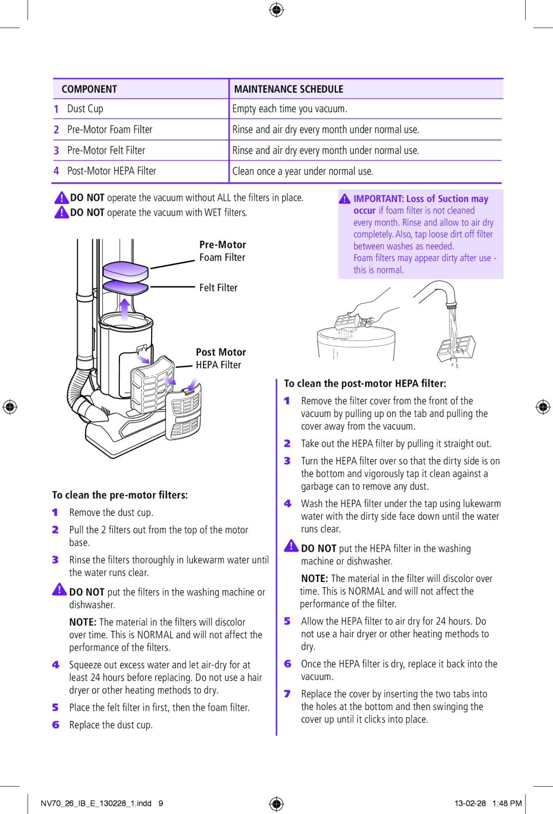 Euro-Pro NV70 manual Component Maintenance Schedule, Pre-Motor, Post Motor, To clean the pre-motor filters 