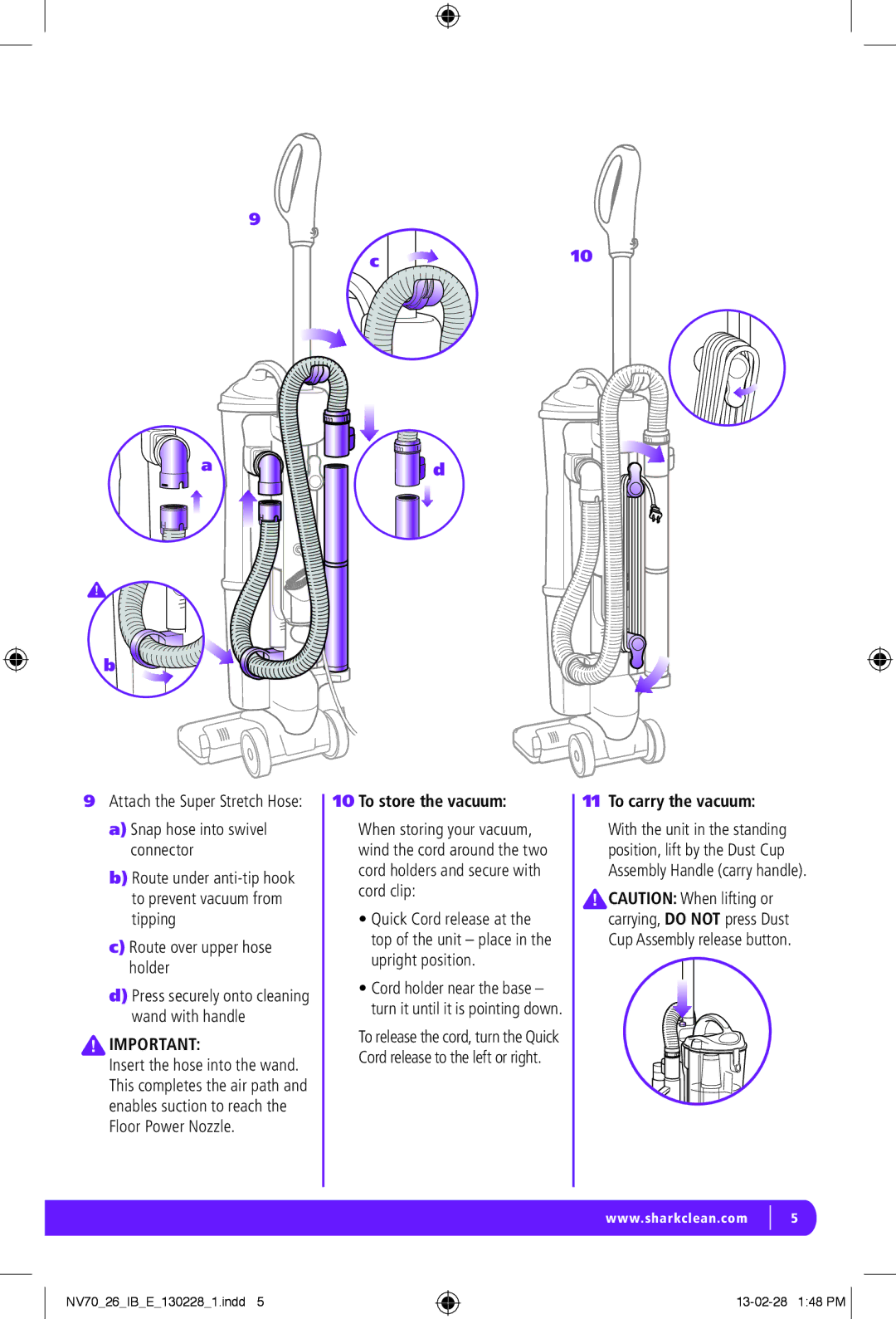 Euro-Pro NV70 manual To store the vacuum, To carry the vacuum 