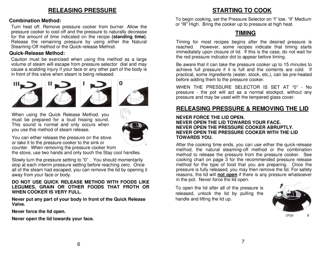 Euro-Pro PC104 manual Starting to Cook, Timing, Releasing Pressure & Removing the LID 