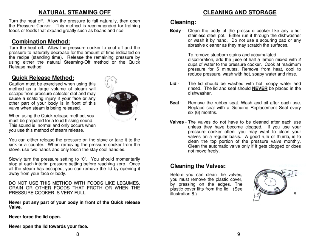 Euro-Pro PC104 manual Natural Steaming OFF, Cleaning and Storage 