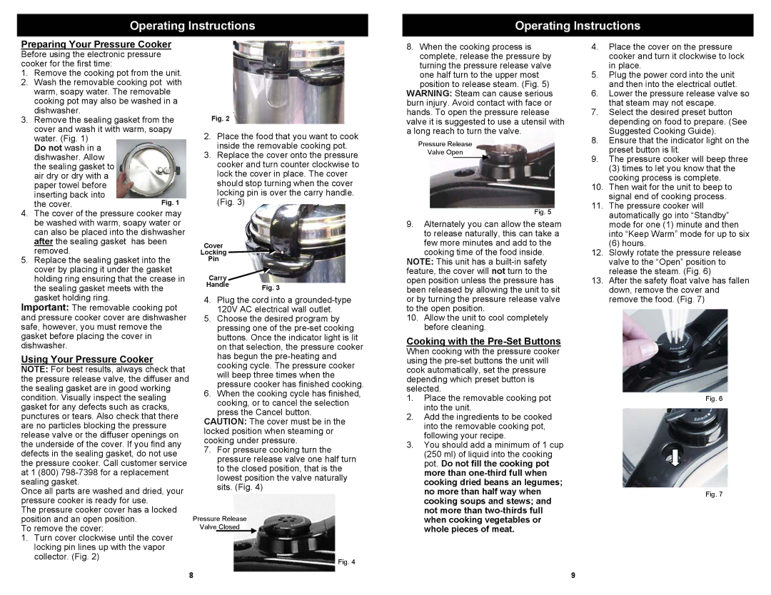 Euro-Pro PC107H owner manual Preparing Your Pressure Cooker, Using Your Pressure Cooker, Cooking with the Pre-Set Buttons 