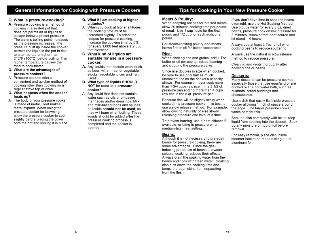 Euro-Pro PC107H owner manual What is pressure-cooking?, Meats & Poultry, Rice, Beans, Desserts 