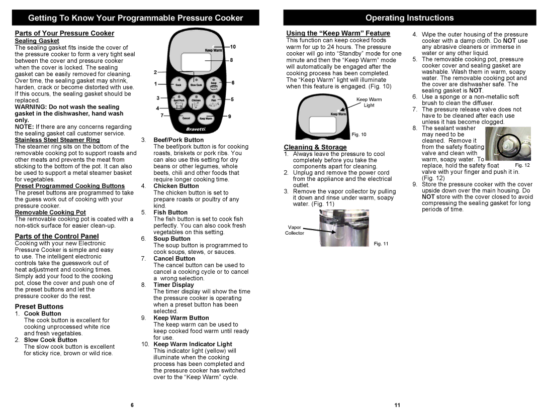 Euro-Pro PC107H Parts of Your Pressure Cooker, Parts of the Control Panel, Preset Buttons, Using the Keep Warm Feature 