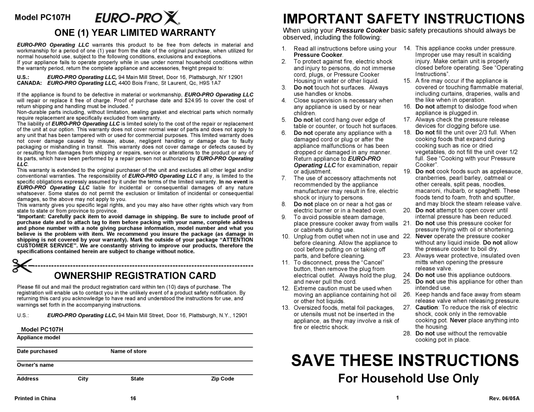 Euro-Pro owner manual Important Safety Instructions, For Household Use Only, ONE 1 YEAR LIMITED WARRANTY, Model PC107H 