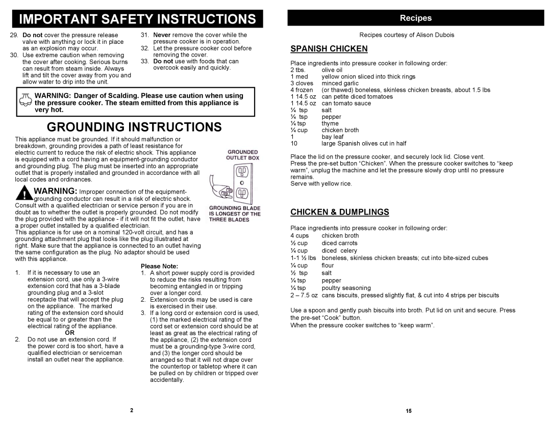 Euro-Pro PC107H Grounding Instructions, Recipes, Spanish Chicken, Chicken & Dumplings, Important Safety Instructions 