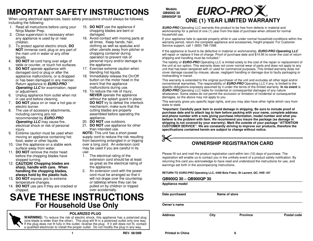 Euro-Pro QB900QP 30 Ownership Registration Card, Save These Instructions, Important Safety Instructions, Polarized Plug 