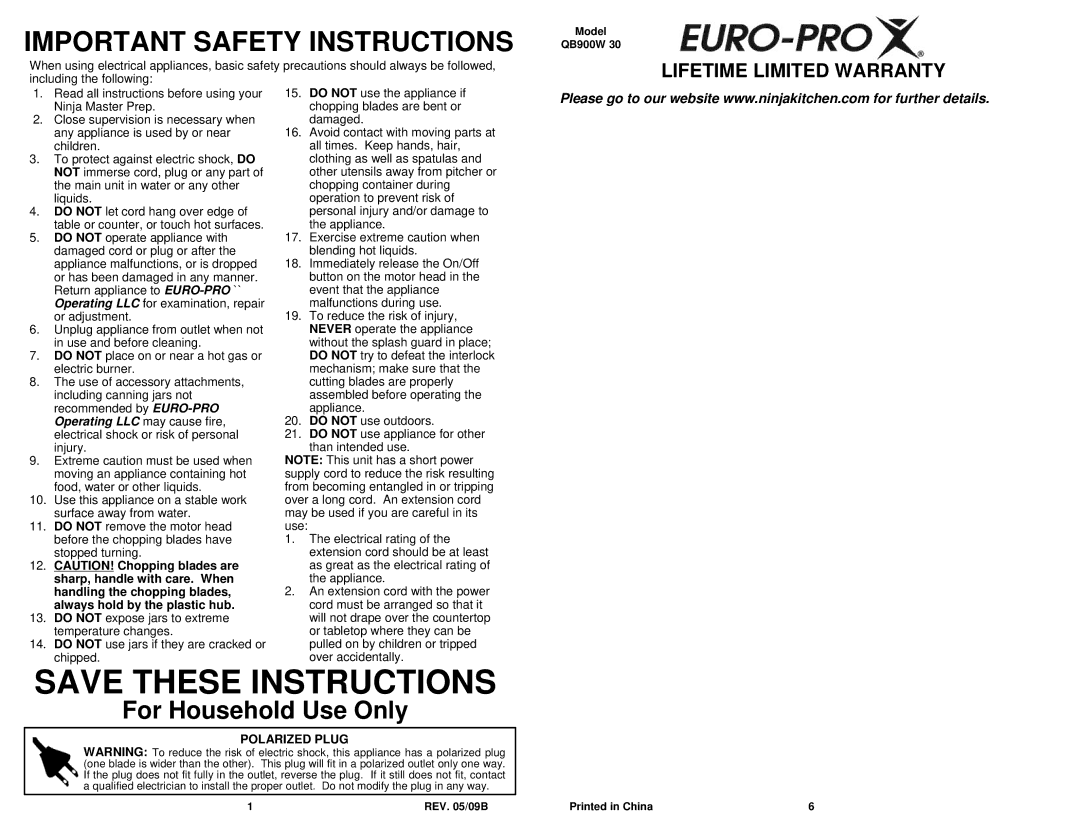 Euro-Pro QB900W 30 owner manual Sharp, handle with care. When, Handling the chopping blades, Always hold by the plastic hub 