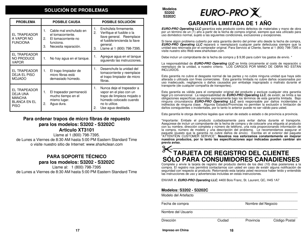 Euro-Pro owner manual Garantía Limitada DE 1 AÑO, Solución DE Problemas, Para Soporte Técnico, Modelos S3202 S3202C 