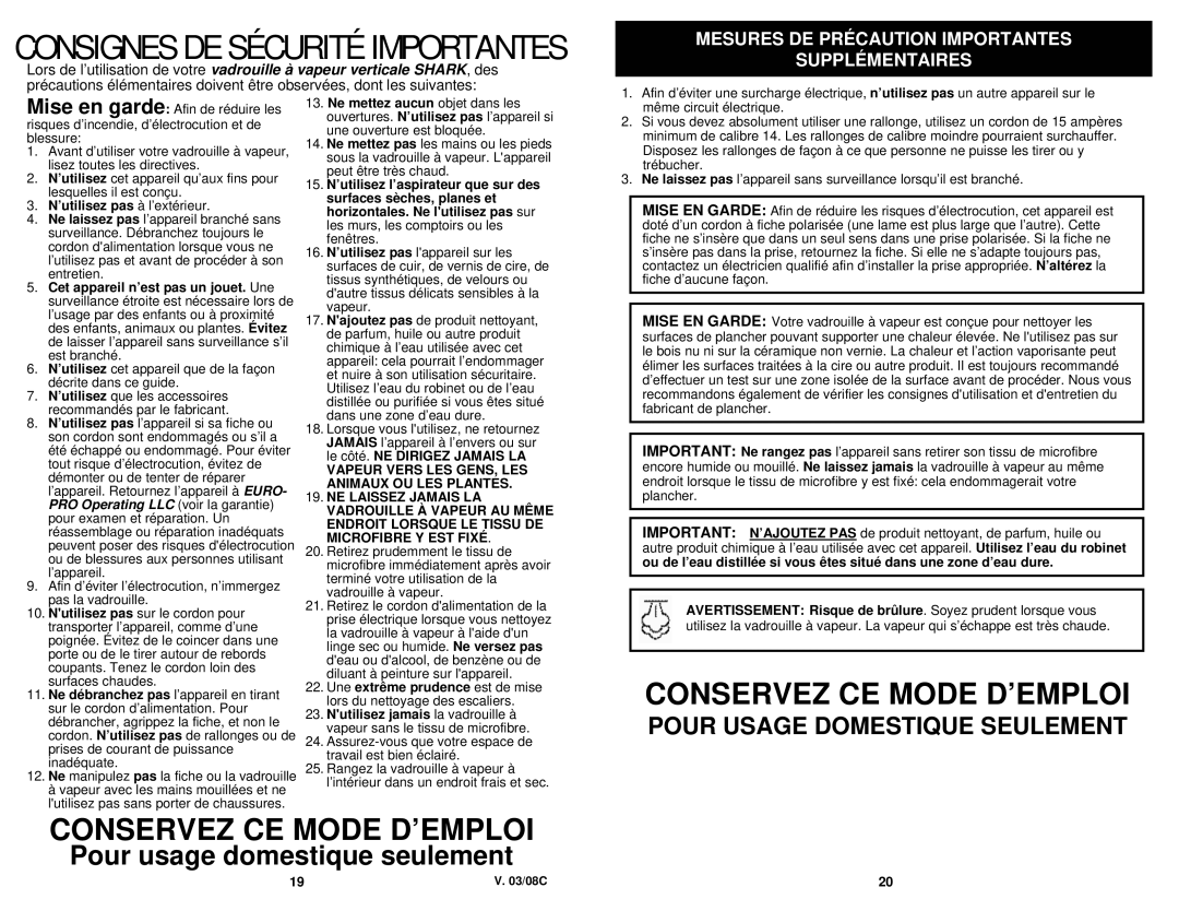 Euro-Pro S3202 Conservez CE Mode D’EMPLOI, Mesures DE Précaution Importantes Supplémentaires, ’utilisez pas à l’extérieur 