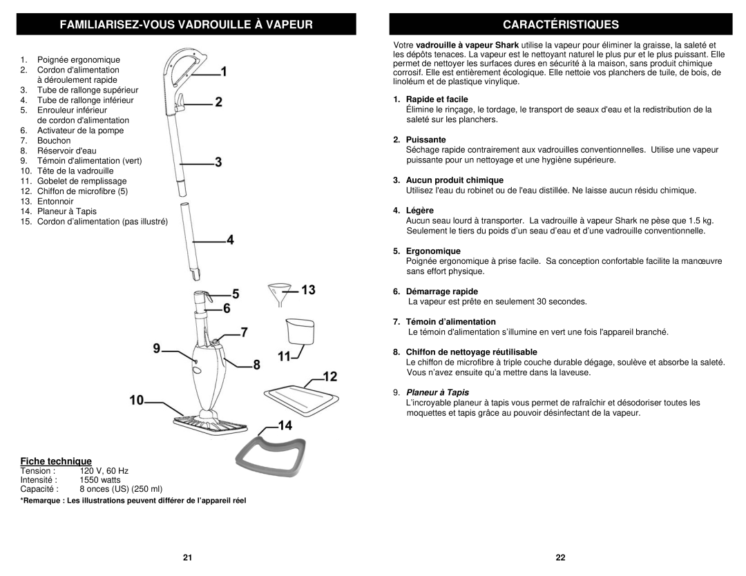 Euro-Pro S3202C owner manual FAMILIARISEZ-VOUS Vadrouille À Vapeur, Caractéristiques, Fiche technique 