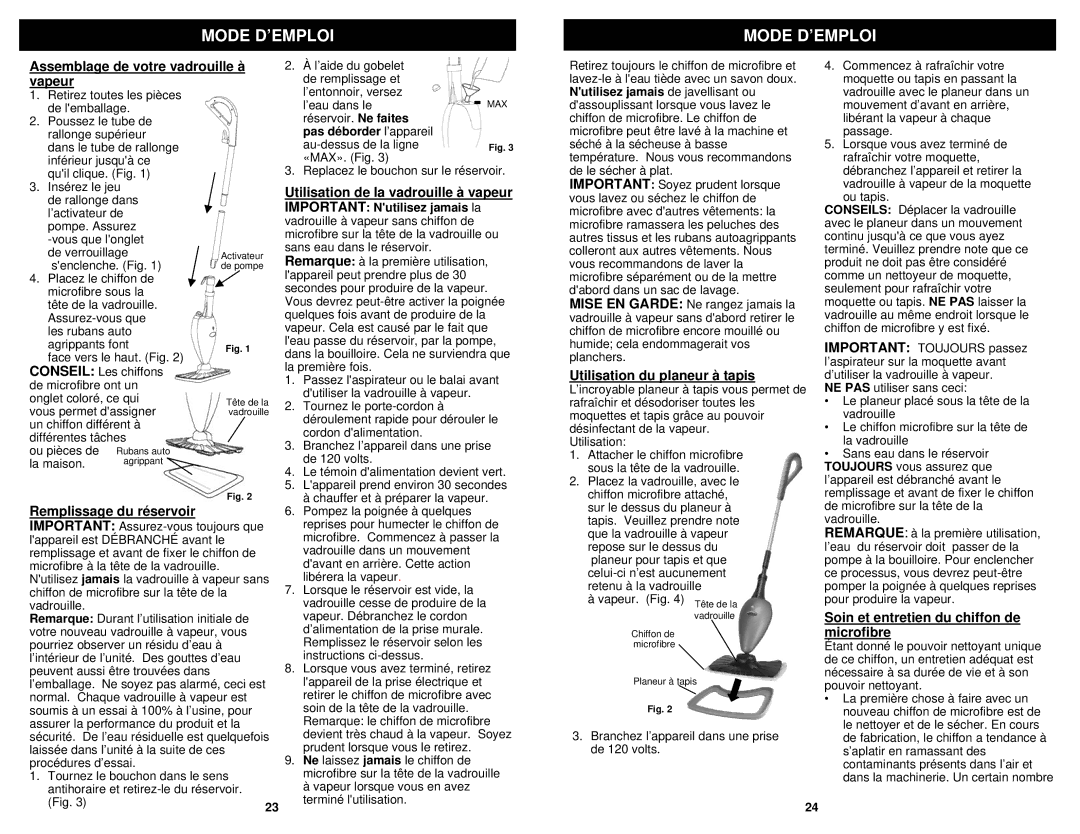 Euro-Pro S3202C owner manual Mode D’EMPLOI, Assemblage de votre vadrouille à vapeur, Utilisation du planeur à tapis 