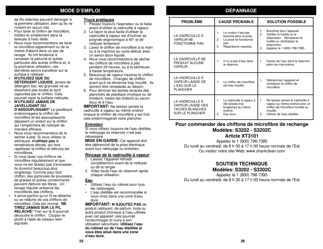 Euro-Pro S3202C owner manual Mode D’EMPLOI Dépannage, Soutien Technique 