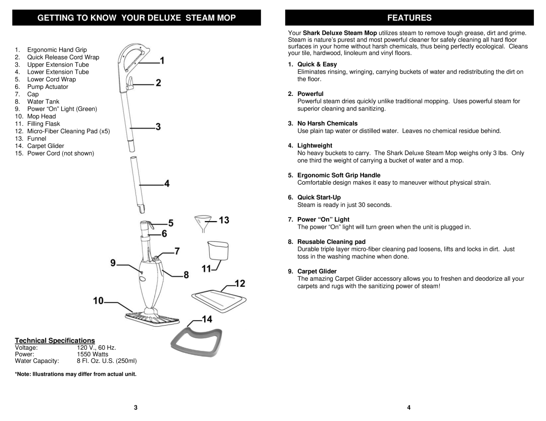 Euro-Pro S3202C owner manual Getting to Know Your Deluxe Steam MOP, Features, Technical Specifications 