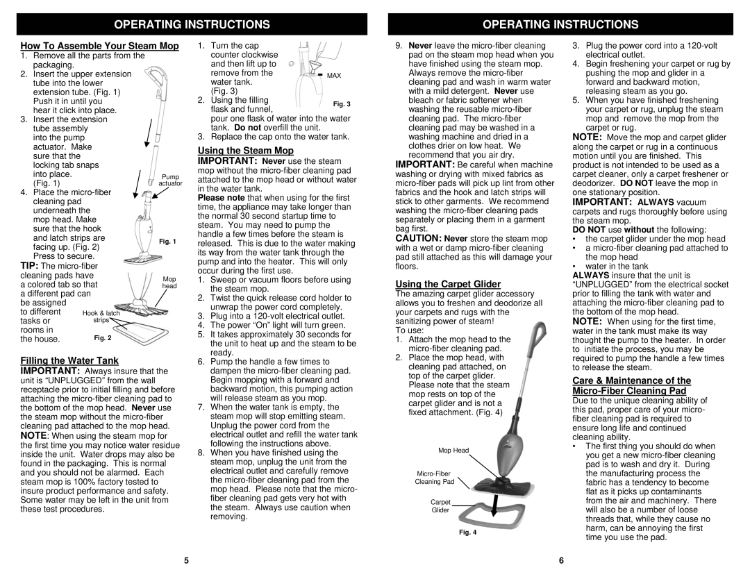 Euro-Pro S3202C owner manual Operating Instructions, How To Assemble Your Steam Mop, Using the Carpet Glider 