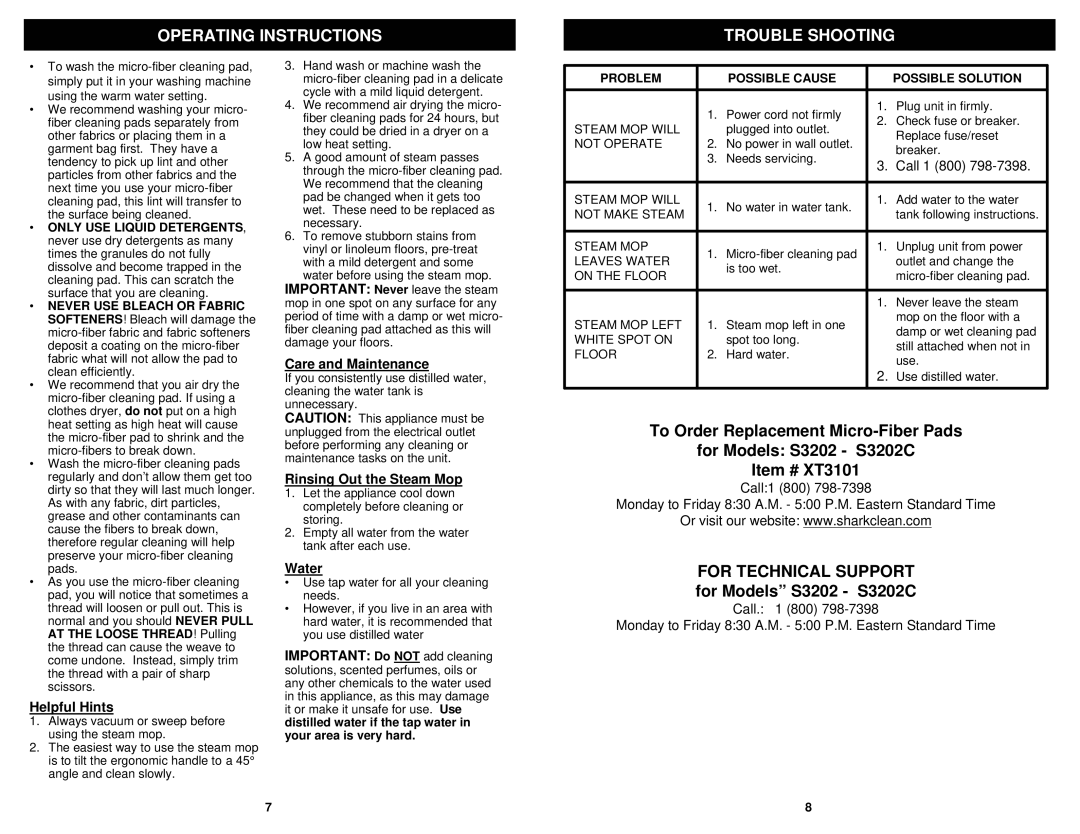 Euro-Pro S3202 Operating Instructions Trouble Shooting, Helpful Hints, Care and Maintenance, Rinsing Out the Steam Mop 