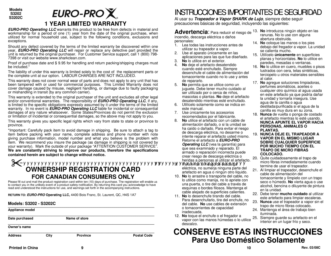 Euro-Pro S3202C owner manual Conserve Estas Instrucciones, Instrucciones Importantes DE Seguridad, Year Limited Warranty 