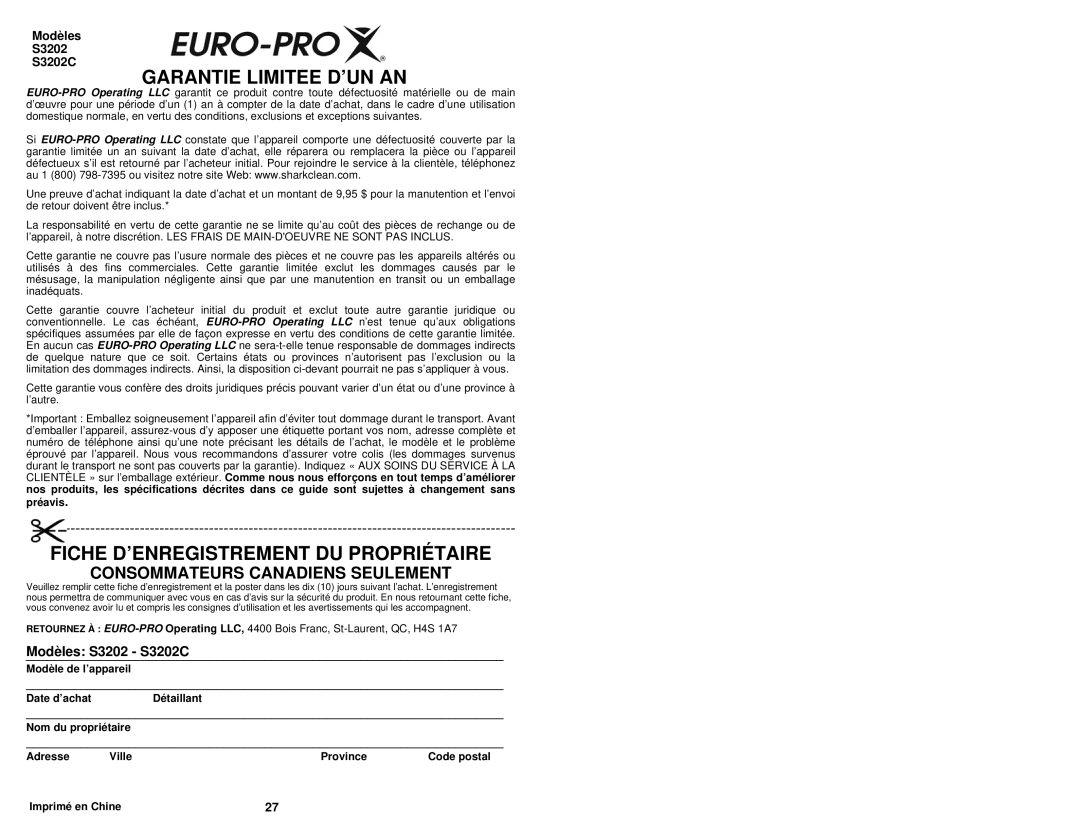 Euro-Pro S3202 Garantie Limitée D’Un An, Fiche D’Enregistrement Du Propriétaire, Consommateurs Canadiens Seulement, Ville 
