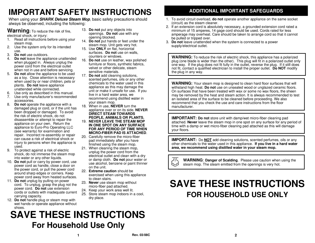 Euro-Pro S3202C owner manual Important Safety Instructions, For Household Use Only, Additional Important Safeguards 