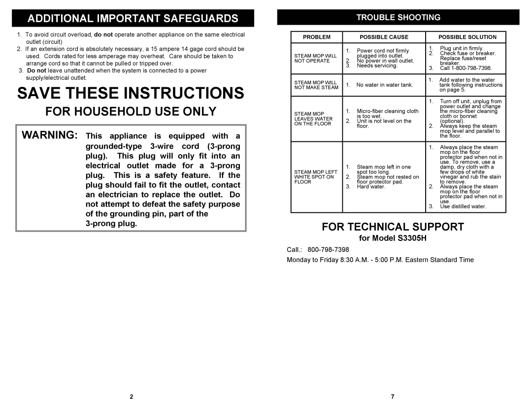 Euro-Pro owner manual Trouble Shooting, For Model S3305H 