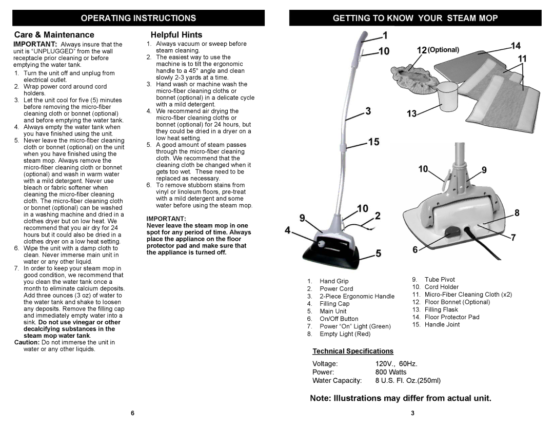 Euro-Pro S3305H owner manual Operating Instructions Getting to Know Your Steam MOP, Care & Maintenance, Helpful Hints 