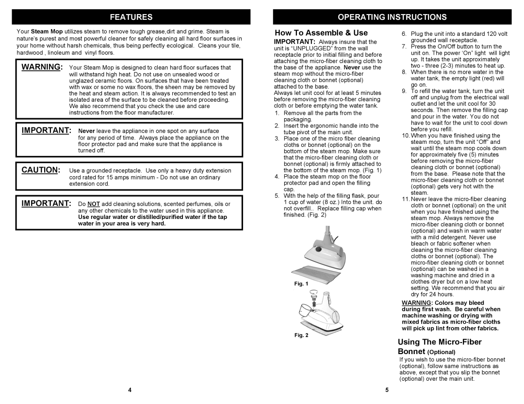 Euro-Pro S3305H owner manual Features Operating Instructions, How To Assemble & Use, Using The Micro-Fiber 