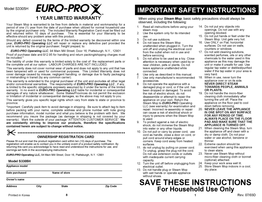 Euro-Pro S3305H Save These Instructions, For Household Use Only, Year Limited Warranty, Ownership Registration Card 