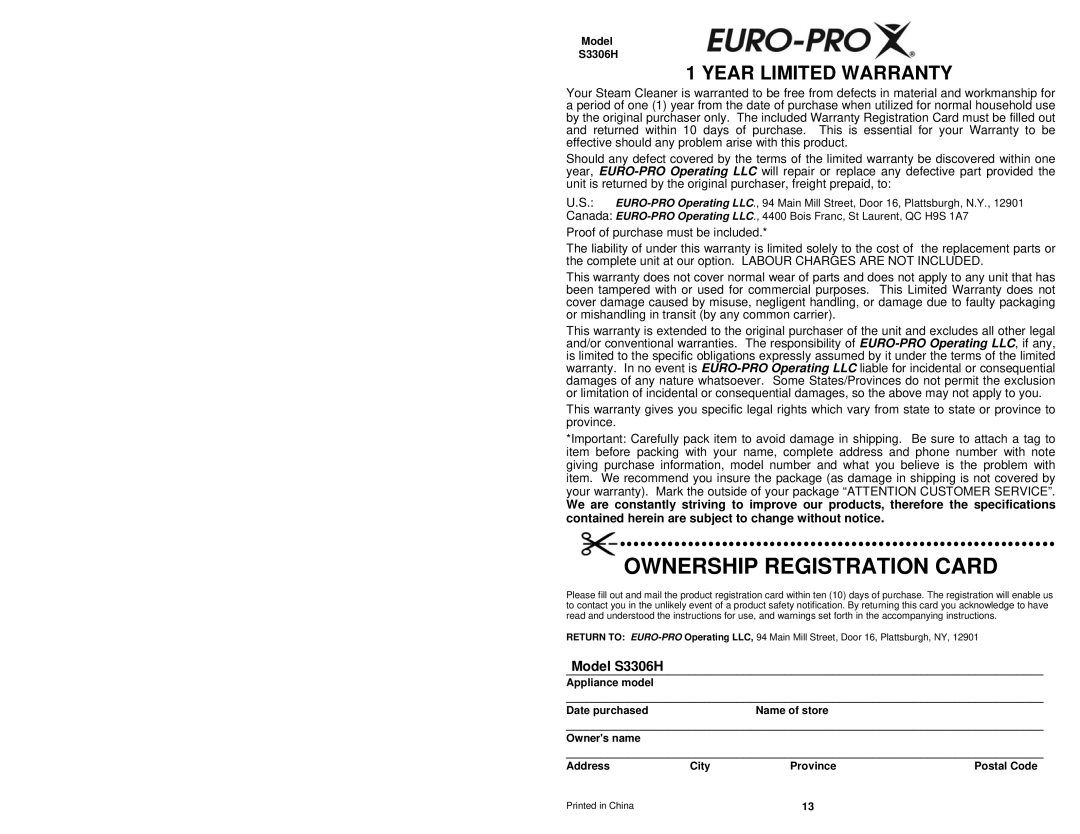 Euro-Pro S3306H owner manual Ownership Registration Card 