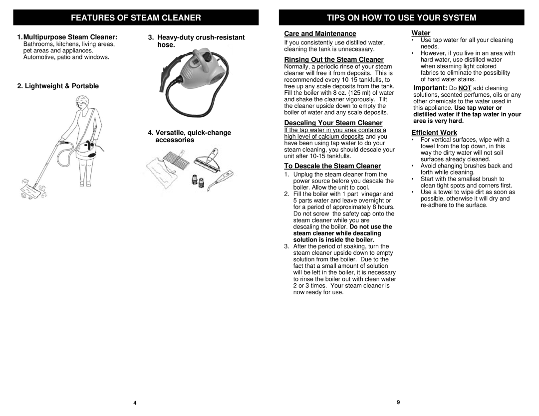 Euro-Pro S3306H owner manual Features of Steam Cleaner Tips on HOW to USE Your System 