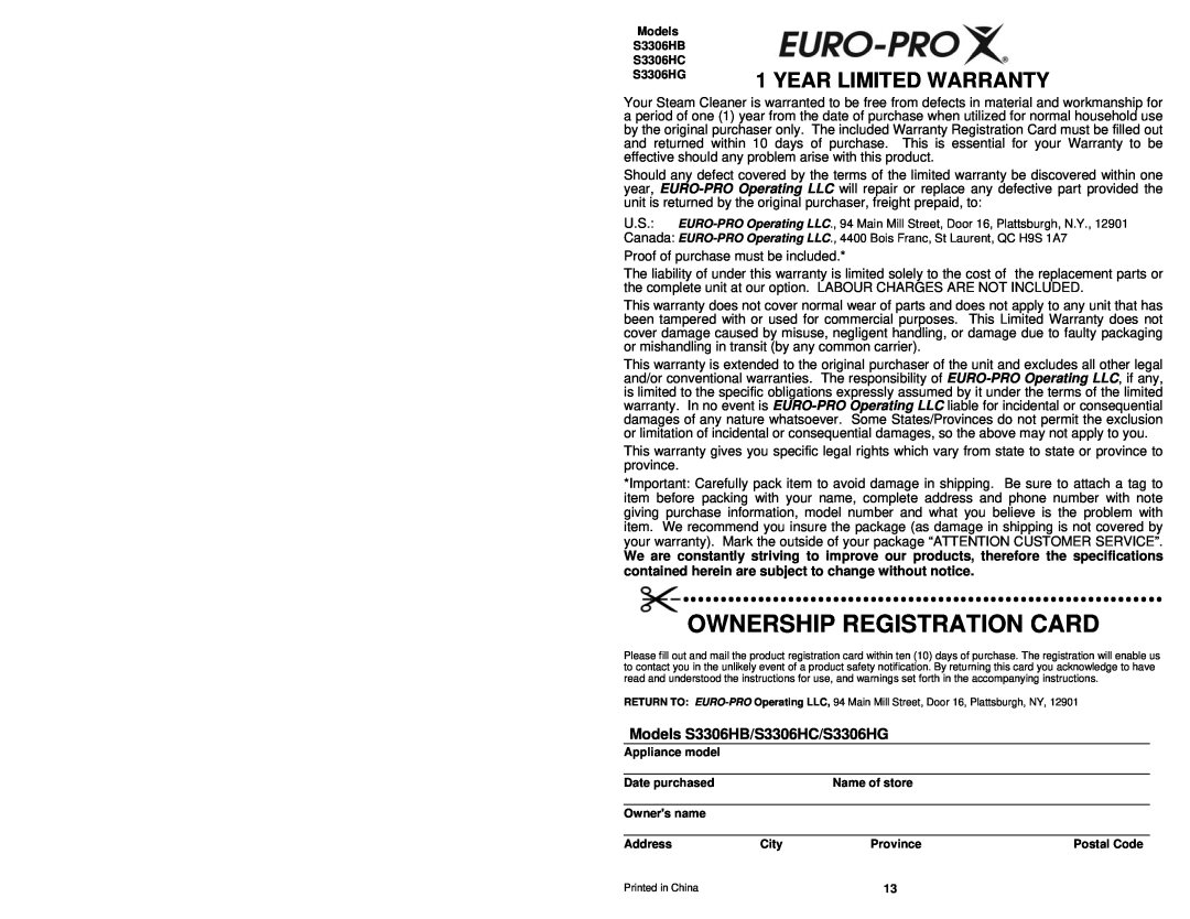 Euro-Pro S3306HG, S3306HC, S3306HB owner manual Ownership Registration Card, Year Limited Warranty 
