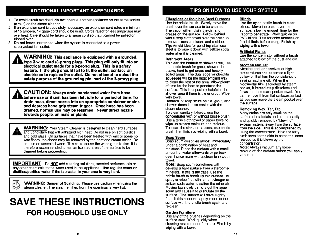 Euro-Pro S3306HB For Household Use Only, Additional Important Safeguards, Save These Instructions, Bathroom Areas, Blinds 