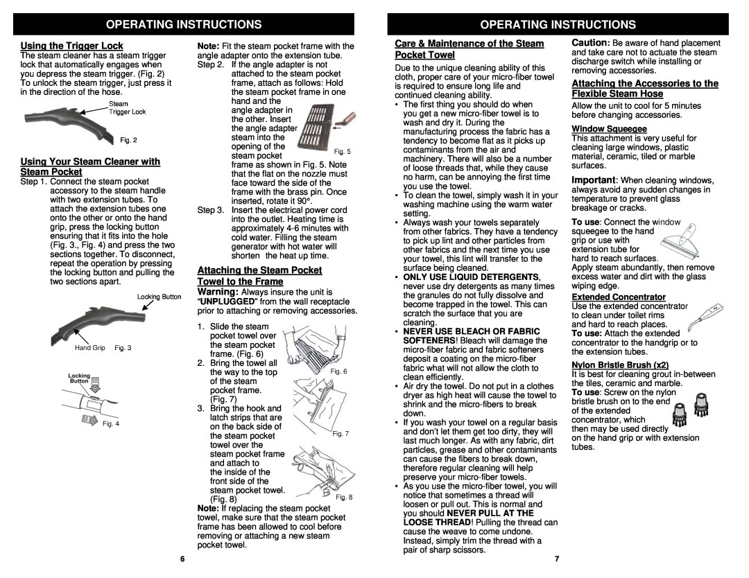 Euro-Pro S3306HG, S3306HC, S3306HB Operating Instructions, Window Squeegee, Extended Concentrator, Nylon Bristle Brush 