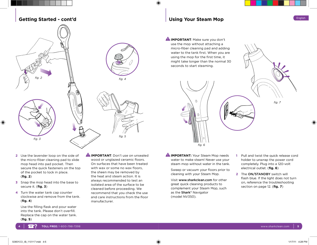 Euro-Pro S3601CO manual Getting Started cont’d Using Your Steam Mop 