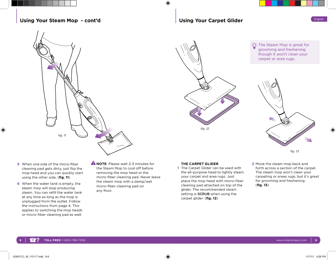 Euro-Pro S3601CO manual Using Your Steam Mop cont’d Using Your Carpet Glider 