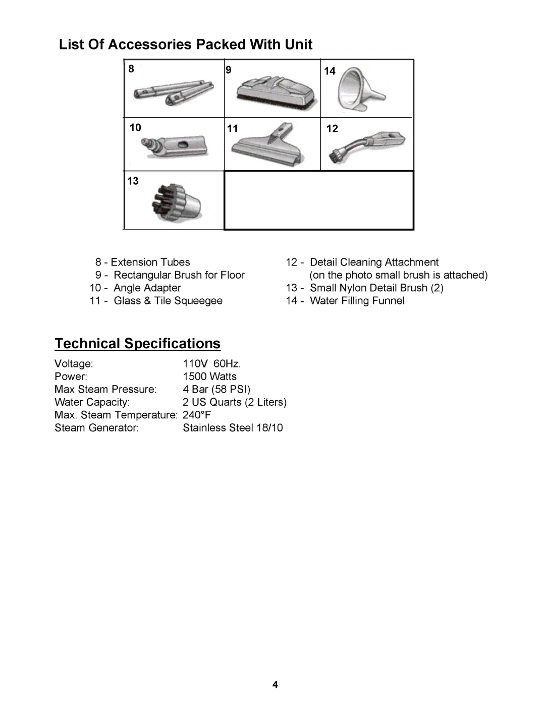 Euro-Pro SC412 warranty List Of Accessories Packed With Unit, Technical Specifications 